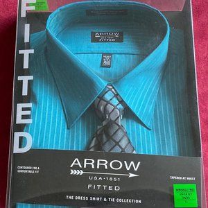 FABULOUS ARROW FITTED SHIRT WITH TIE - 16-16 1/2 - LARGE - TURQUOISE - STRIPES